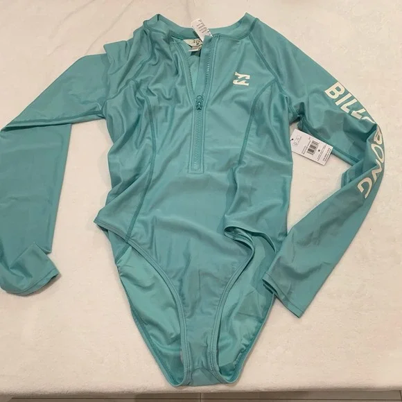 Billabong teal green long sleeve zip up one piece surfer swimsuit rashgard M - Picture 6 of 9